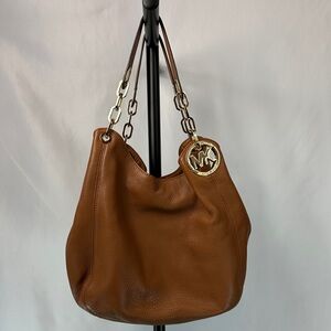 Michael Kors Brown Leather Hobo Bag with Gold Accents